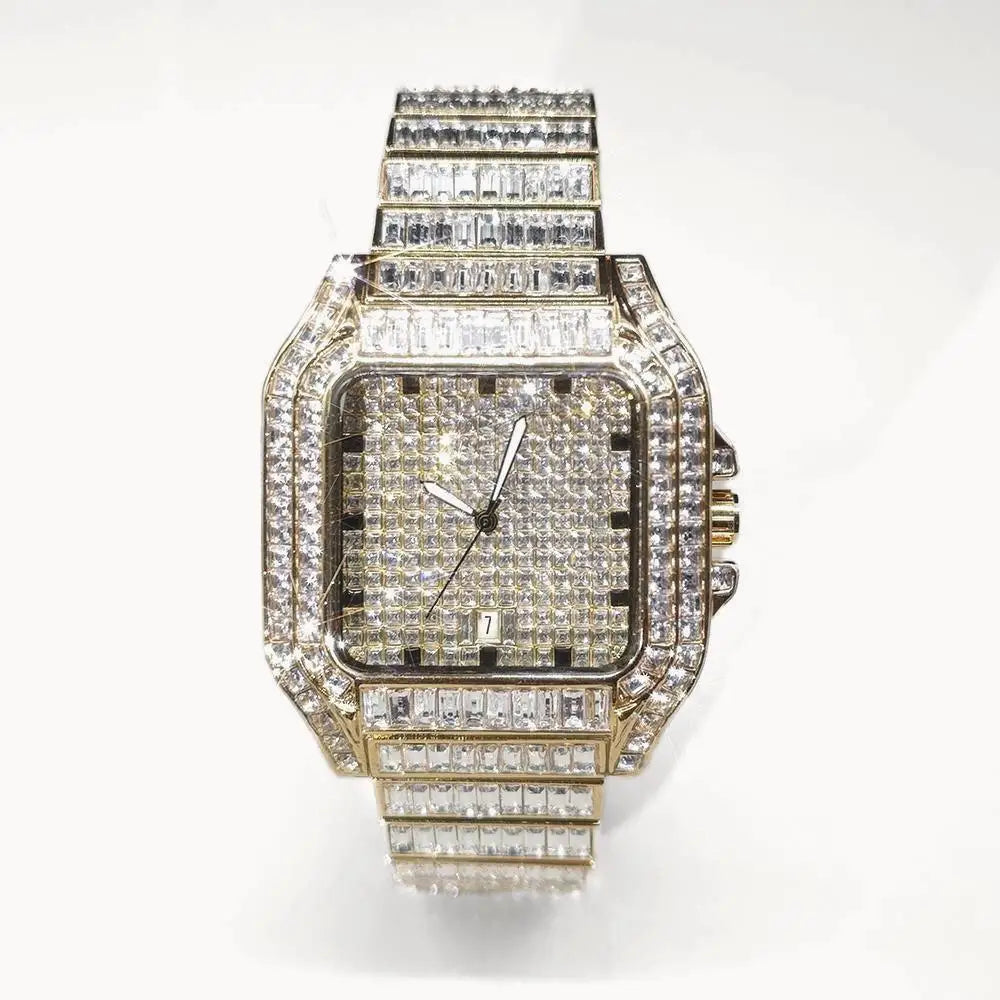 Hot Luxury Square Diamond Watch for Men Hip Hop Style Bling Bling Iced Out Wristwatch Fashion Stainless Steel Waterproof Clock - Uknowucme