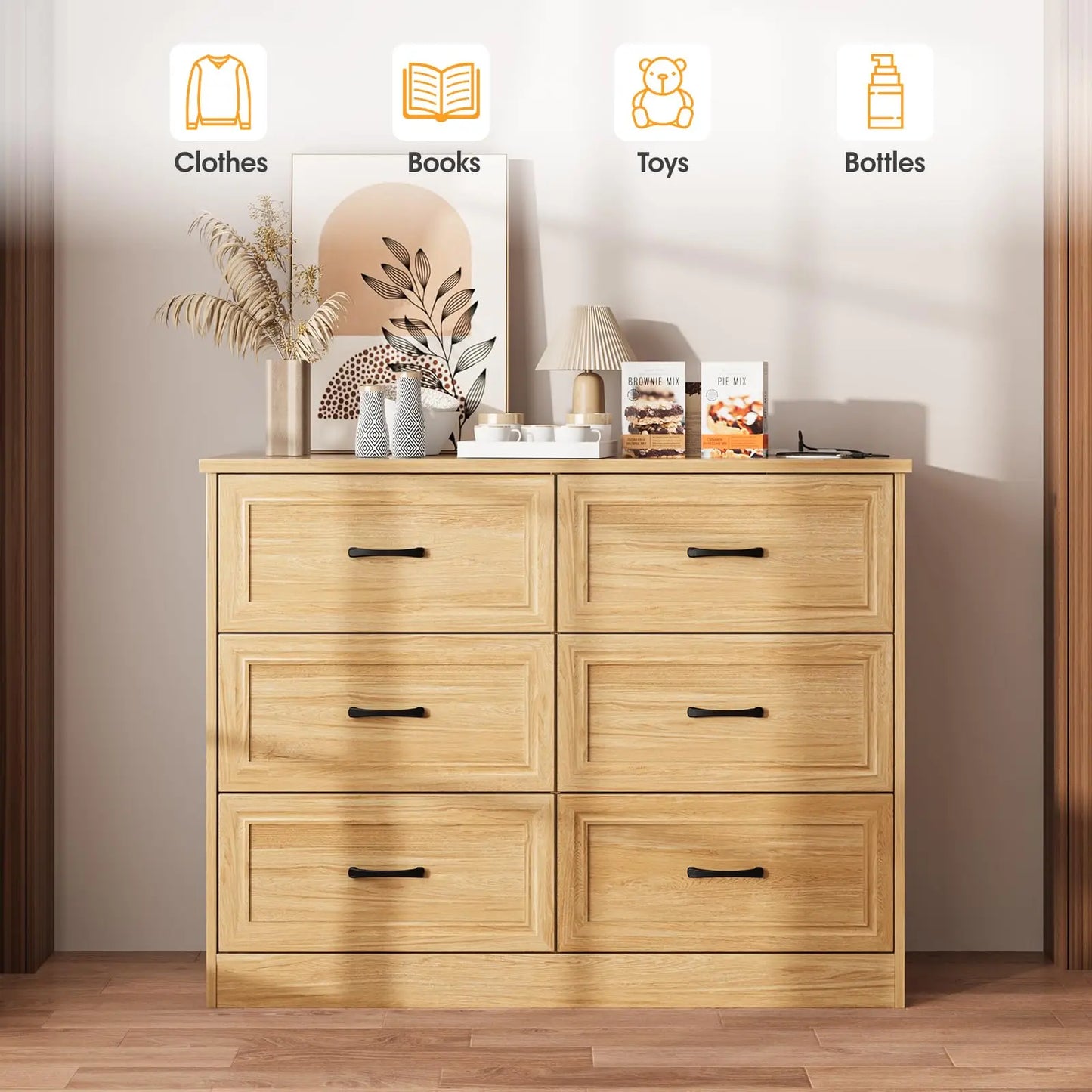 Vabches 6 Drawer Dresser for Bedroom Wood Chest of Drawers with Power Strip Tall Dresser Organizer with Metal Handle for Hallway - Uknowucme