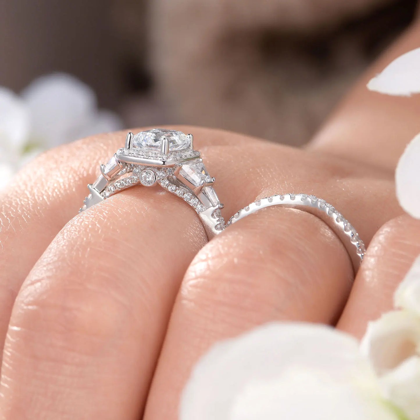 Newshe Wedding Rings for Her AAAAA Cubic Zircon Women's Bridal Sets 925 Sterling Silver Emerald Cut Engagement Ring Size 5-10 - Uknowucme