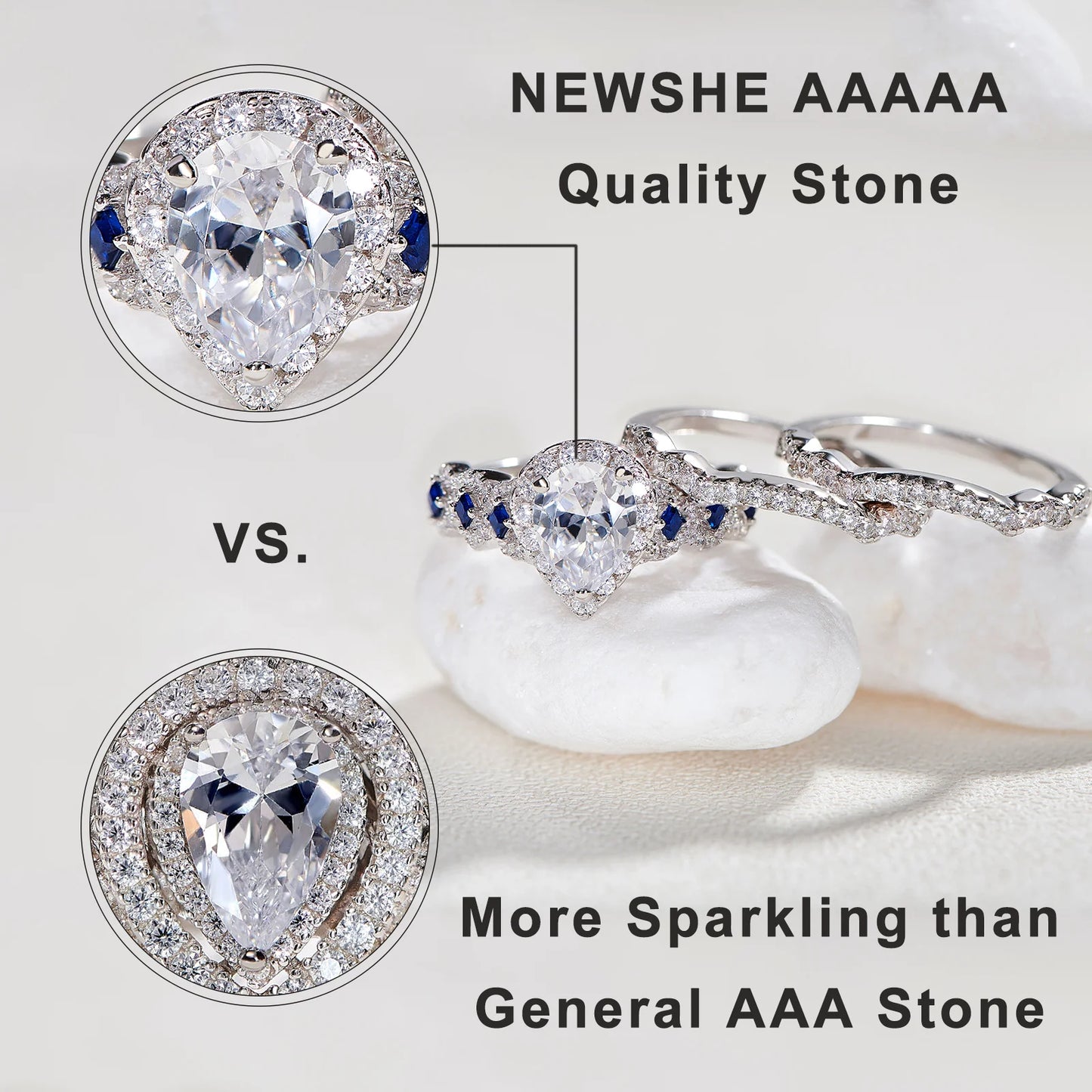 Newshe 3 Pcs Wedding Rings Set for Women Engagement Ring 925 Sterling Silver Water Drop Lab Sapphire White and Blue CZ Gemstone - Uknowucme