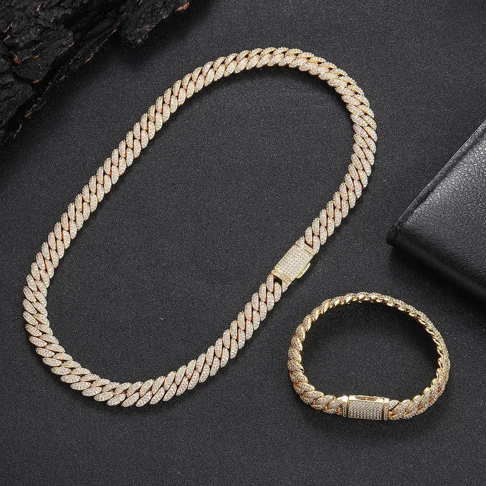 HOYON 10mm Lab Created Zircon Cuban Chain Men's Silver Gold Plated Necklace Zircon Bracelet Hip Hop Rock Neck Collar Jewelry - Uknowucme