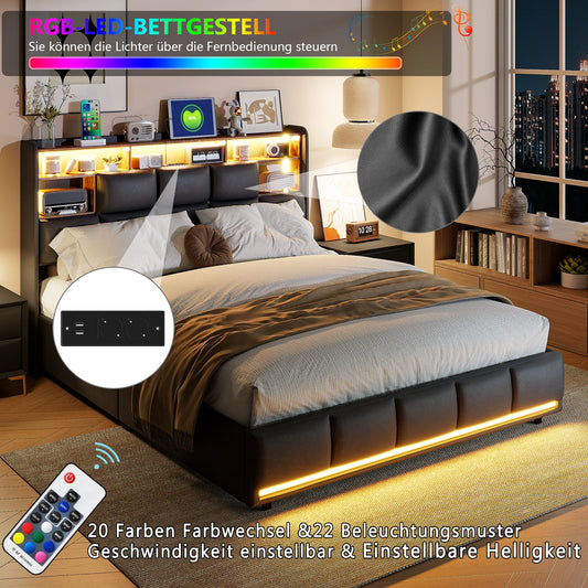 Rosahqnda Upholstered bed frame Adult bed Hydraulic Lift Storage bed LED Lighting Charging Port