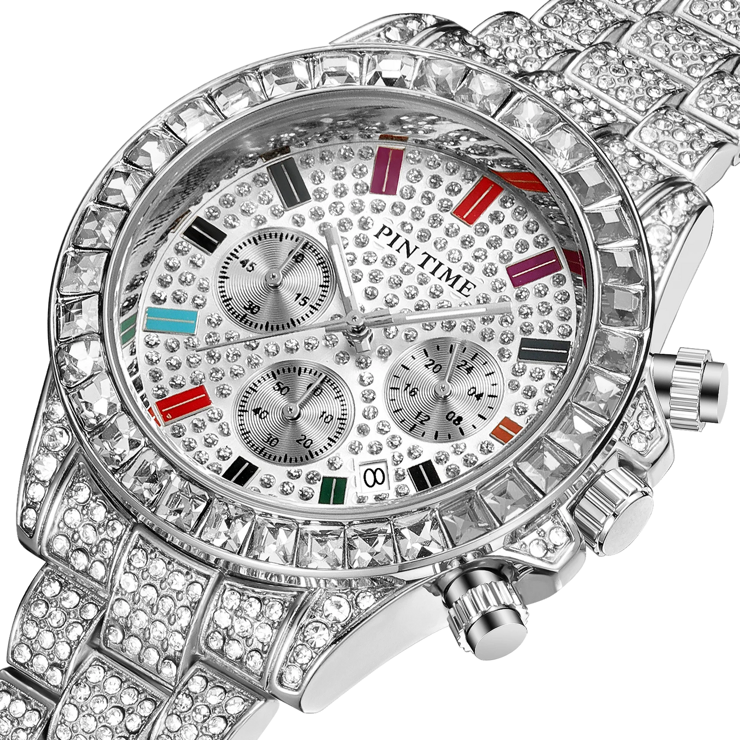 PINTIME Watches for Men Colour Diamond Ice Out Chronograph Bling Hip Hop Quartz Wristwatch Stainless Steel Buckle Waterproof 30M