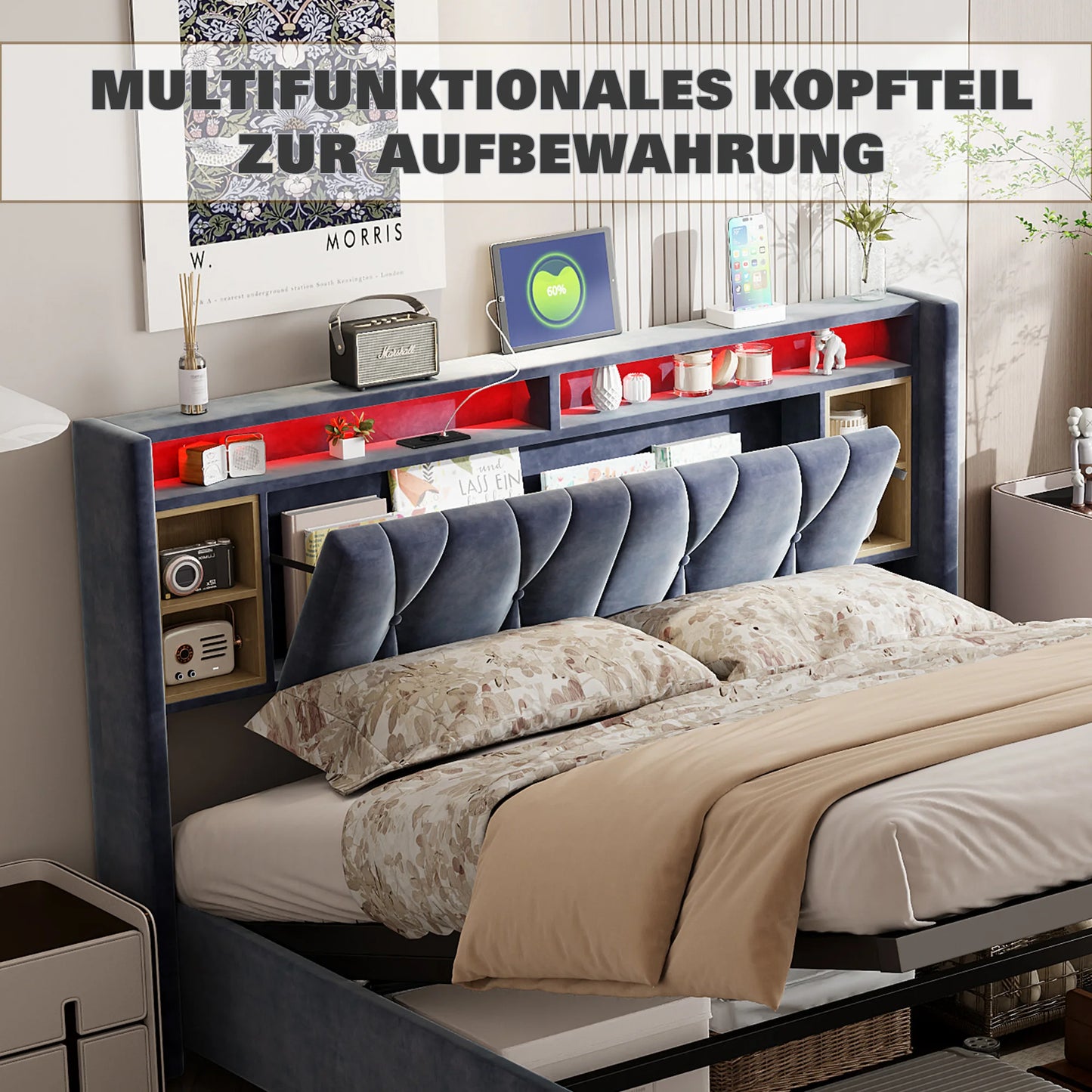 Rosahqnda double bed, with USB and LED, upholstered bed with storage space and headboard, bed frame with wood Pate grate, velvet, Gray