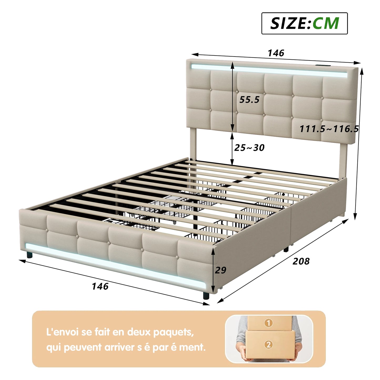 Anajqaqia 140x200cm Upholstered Double Bed with 4 Storage Drawers, Teenager Bed with LED Lighting and USB Charging, Linen, Beige