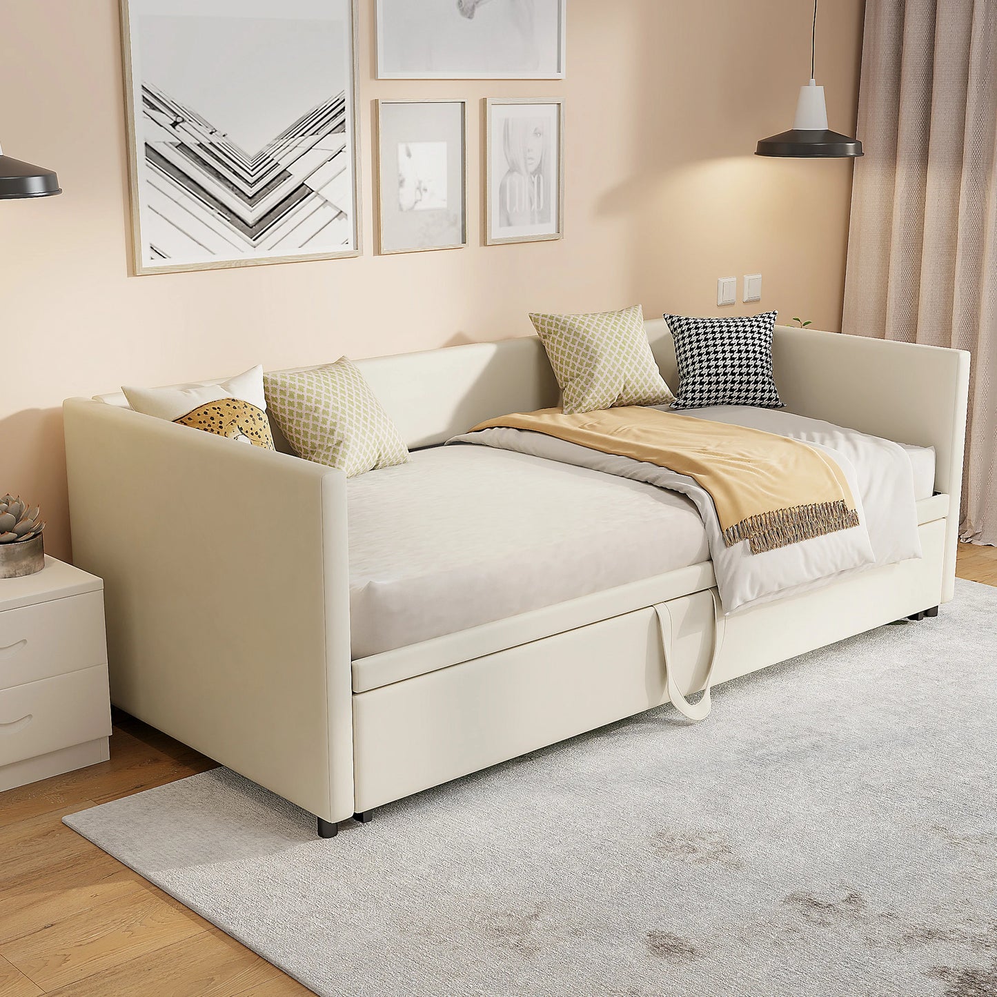 Anajqaqia 90/180x200cm Sofa Bed, Upholstered Double Bed with Slatted Frame and Backrest, Velvet, Beige