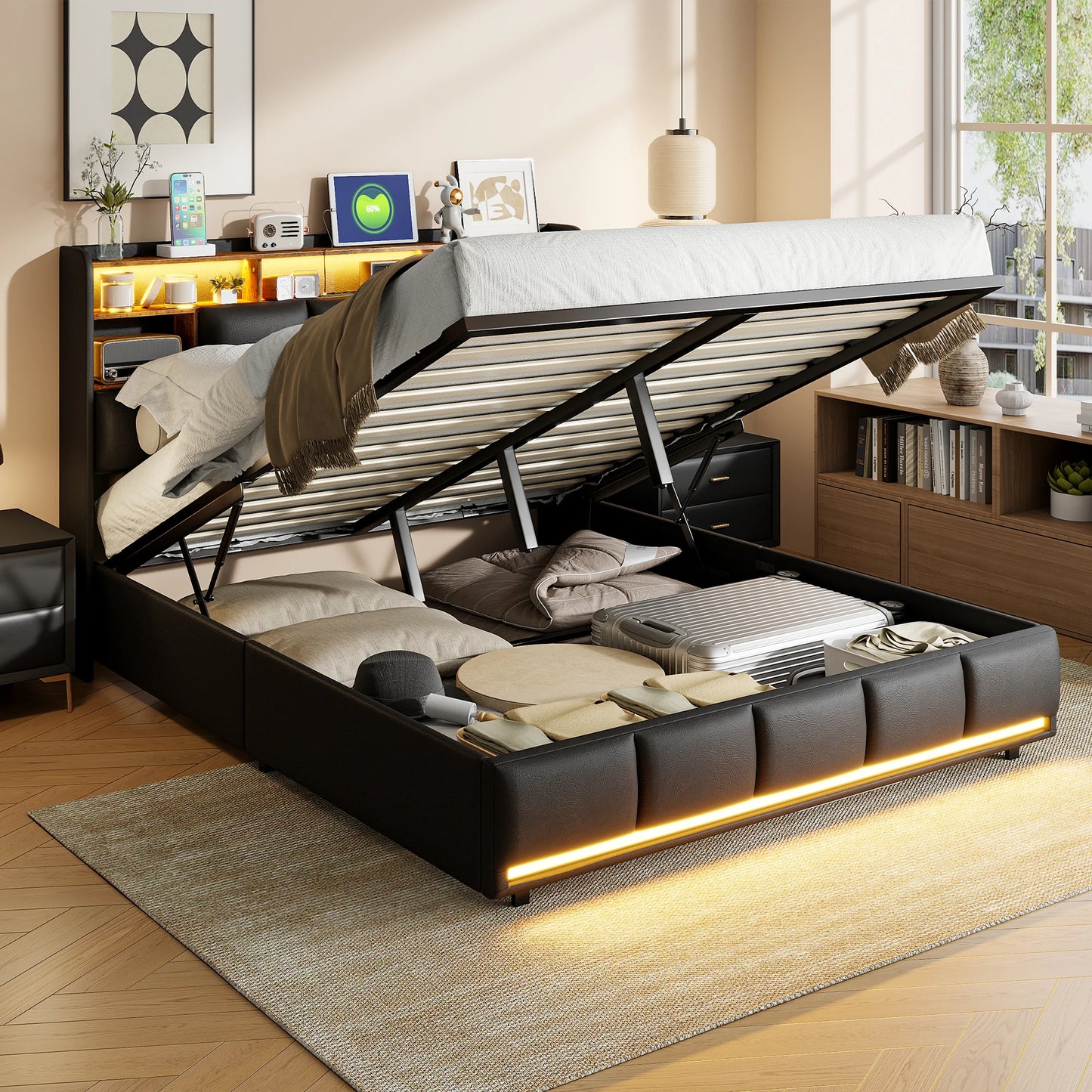 Rosahqnda Upholstered bed frame Adult bed Hydraulic Lift Storage bed LED Lighting Charging Port
