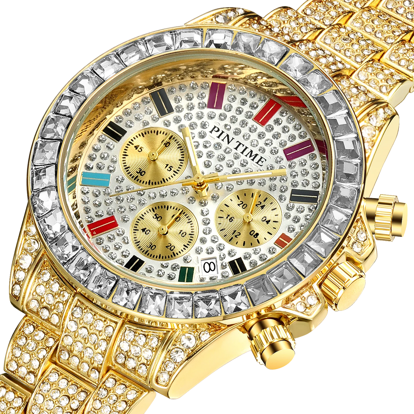 PINTIME Watches for Men Colour Diamond Ice Out Chronograph Bling Hip Hop Quartz Wristwatch Stainless Steel Buckle Waterproof 30M