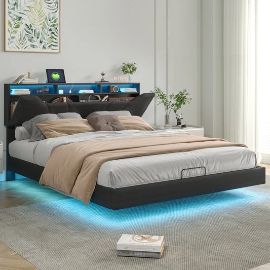 Anajqaqia 160x200cm Upholstered Bed with LED Lighting, Pneumatic Storage Bed with Adjustable Headboard and USB, PU, Black