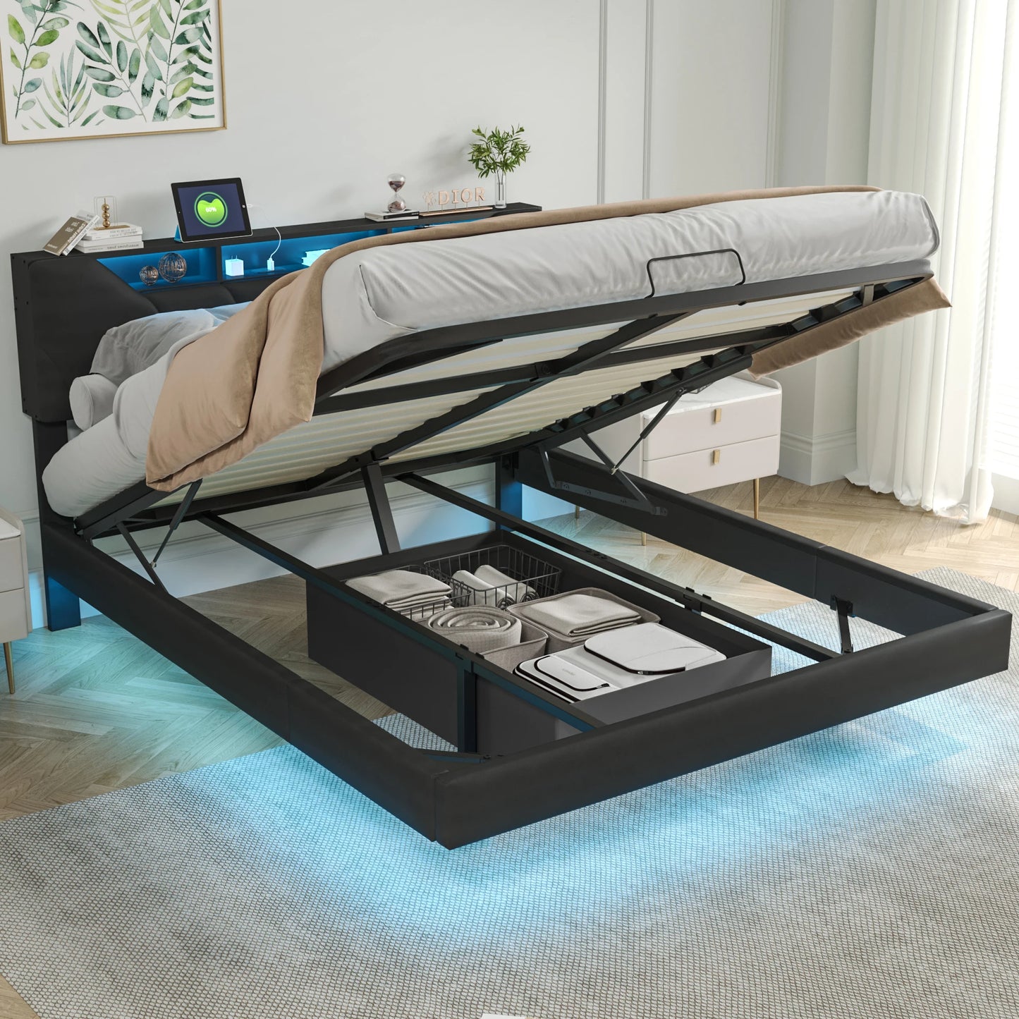 Anajqaqia 160x200cm Upholstered Bed with LED Lighting, Pneumatic Storage Bed with Adjustable Headboard and USB, PU, Black