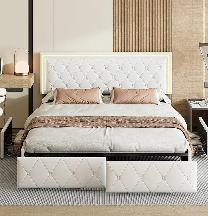 ROSAHQNDA Modern faux leather bed with drawers, LED PU double bed frame with storage space, 140/160 x 200 cm, without mattress