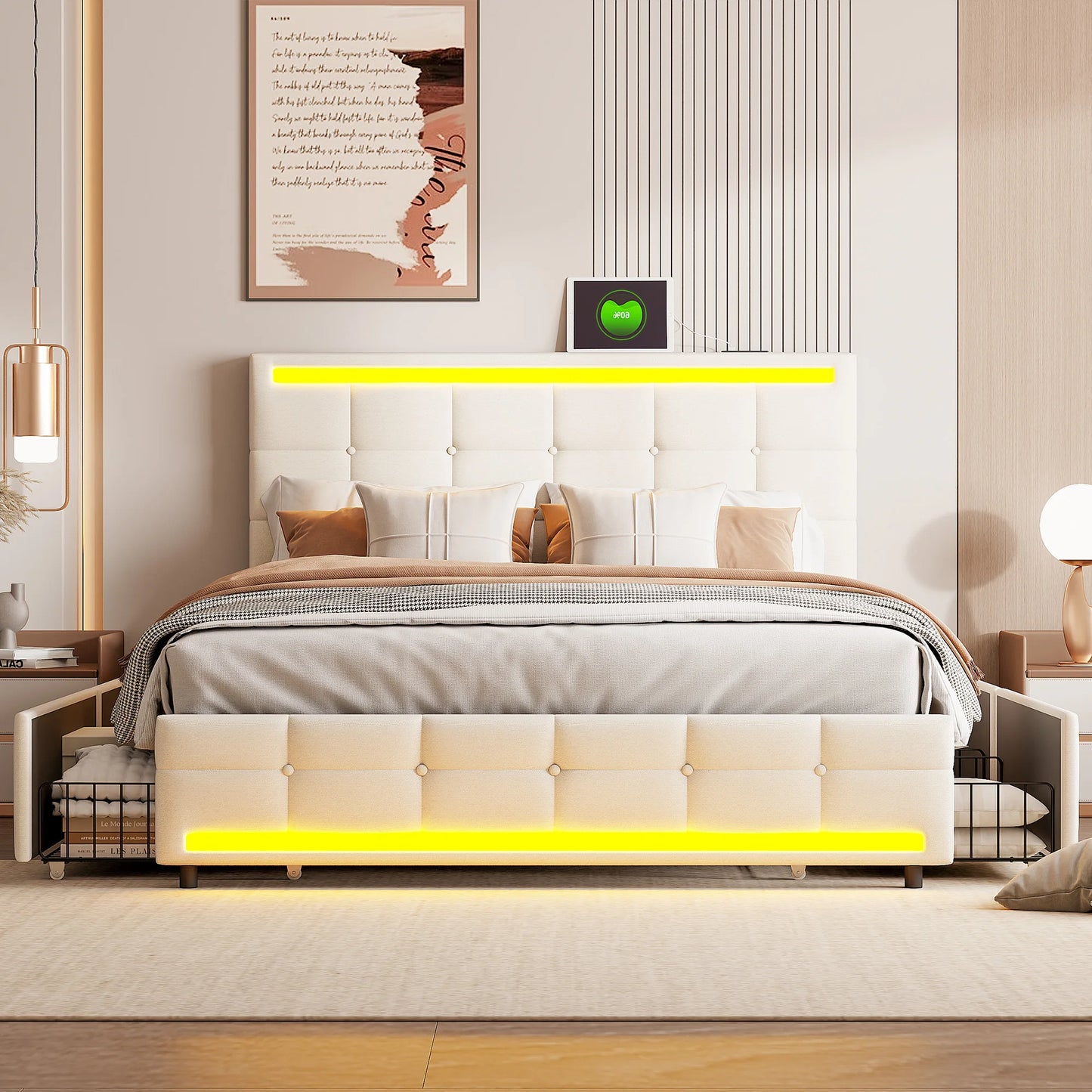 Anajqaqia 140x200cm Upholstered Double Bed with 4 Storage Drawers, Teenager Bed with LED Lighting and USB Charging, Linen, Beige