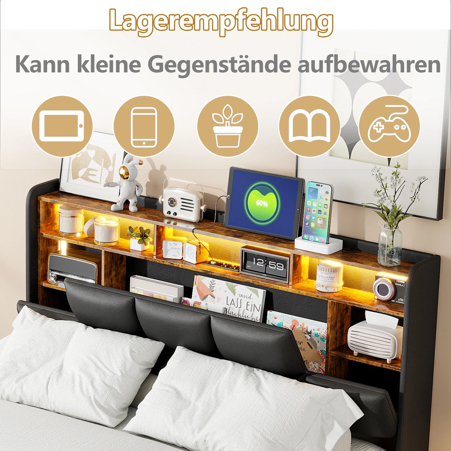 Rosahqnda Upholstered bed frame Adult bed Hydraulic Lift Storage bed LED Lighting Charging Port