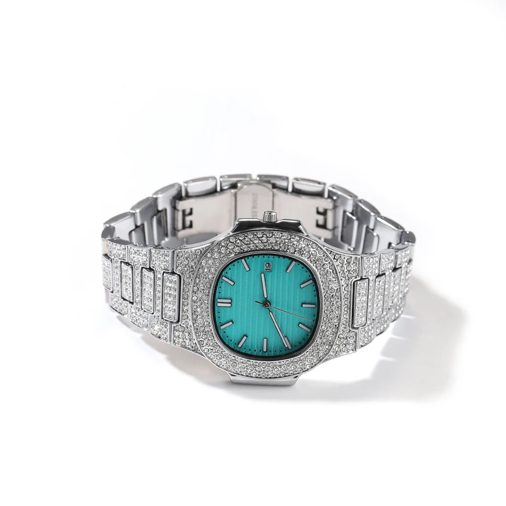 UWIN Iced Out Rhinestone Watches with Turquoise Dial Fashion Luxury Alloy Wristwatch Quartz Round Watch for Christmas Gift