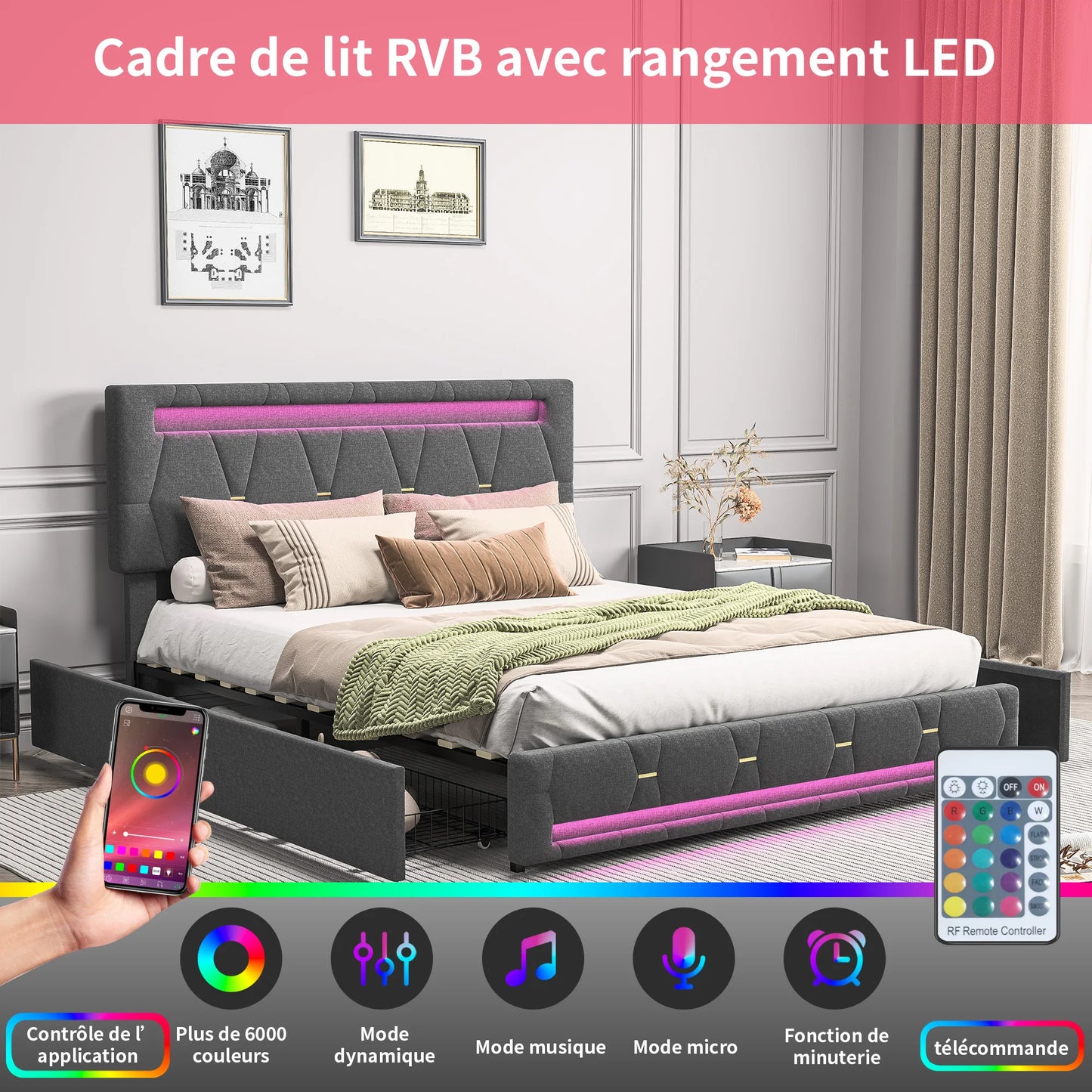 140 x 200CM Double Bed - Upholstered - with LED, with 4 Drawers, with Adjustable Headboard, with USB Port, Gray