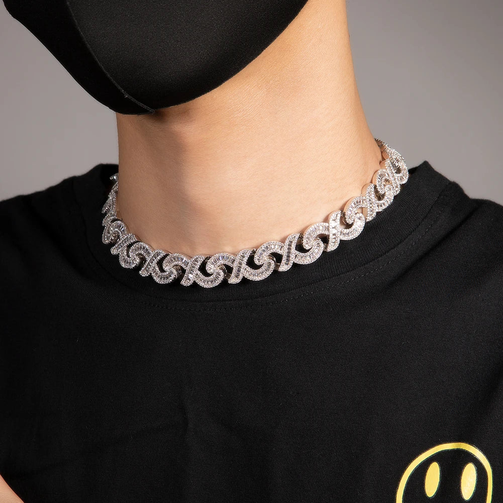 THE BLING KING 15mm Infinity Link Necklace For Men Iced Out Baguette CZ X Shaped Chain Solid Metal Choker Punk Hip Hop Jewelry