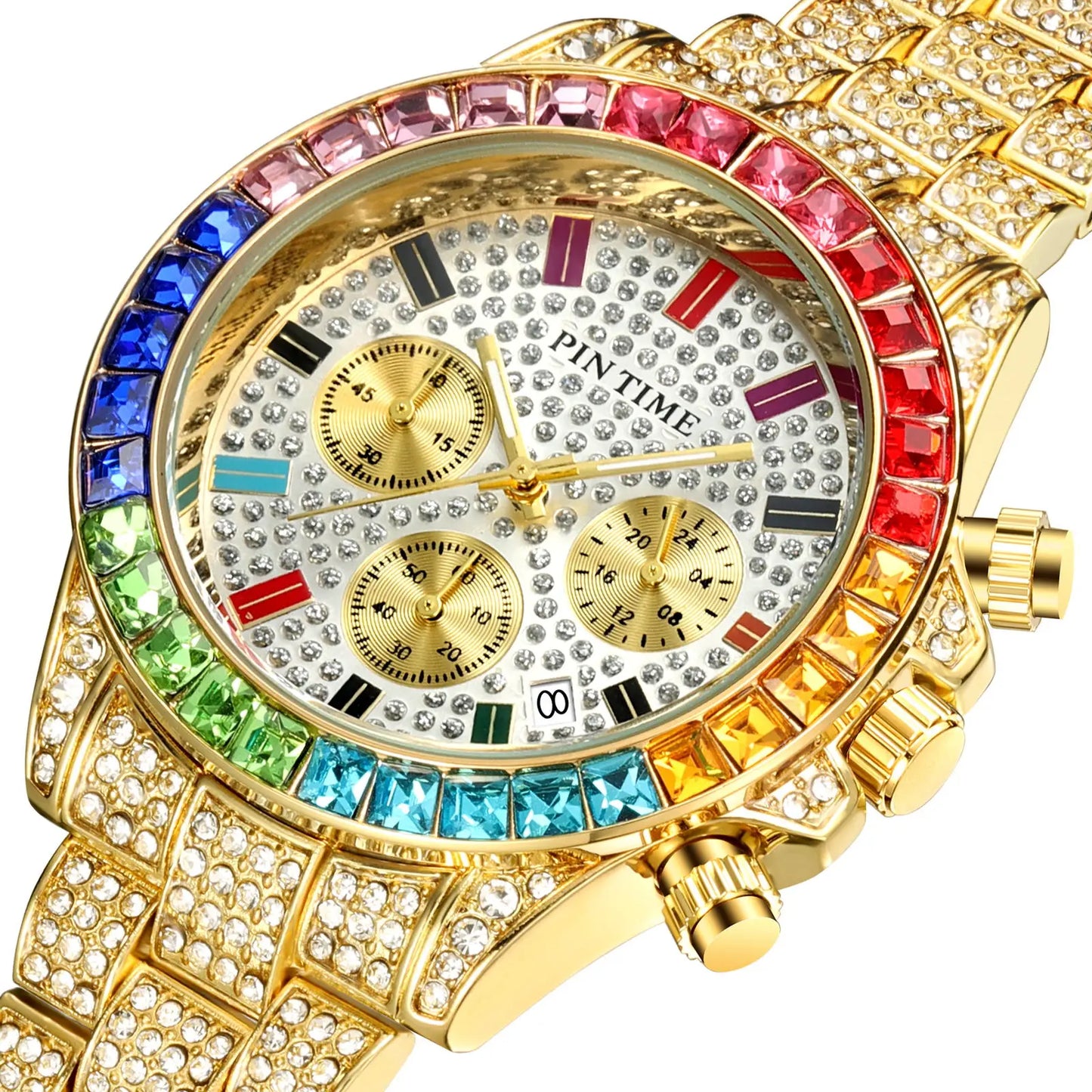 PINTIME Watches for Men Colour Diamond Ice Out Chronograph Bling Hip Hop Quartz Wristwatch Stainless Steel Buckle Waterproof 30M