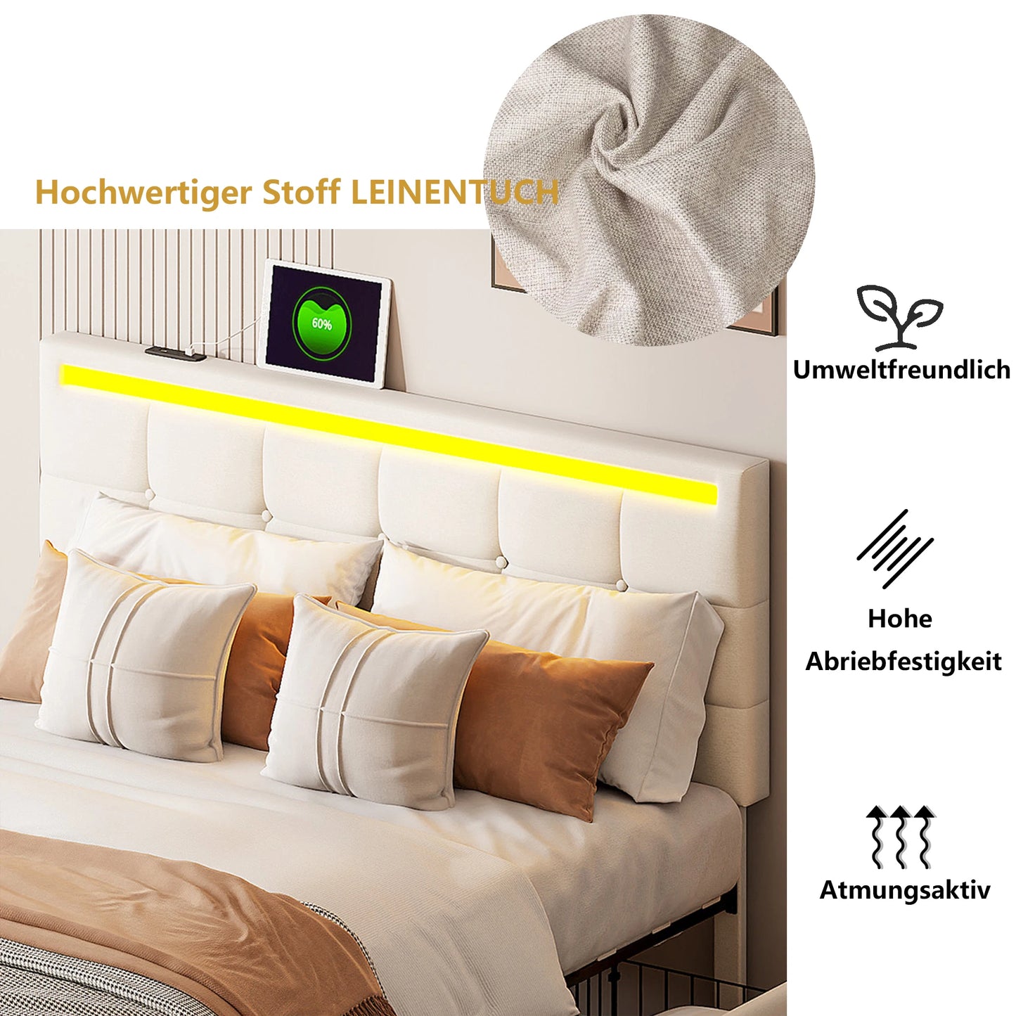 Anajqaqia 140x200cm Upholstered Double Bed with 4 Storage Drawers, Teenager Bed with LED Lighting and USB Charging, Linen, Beige