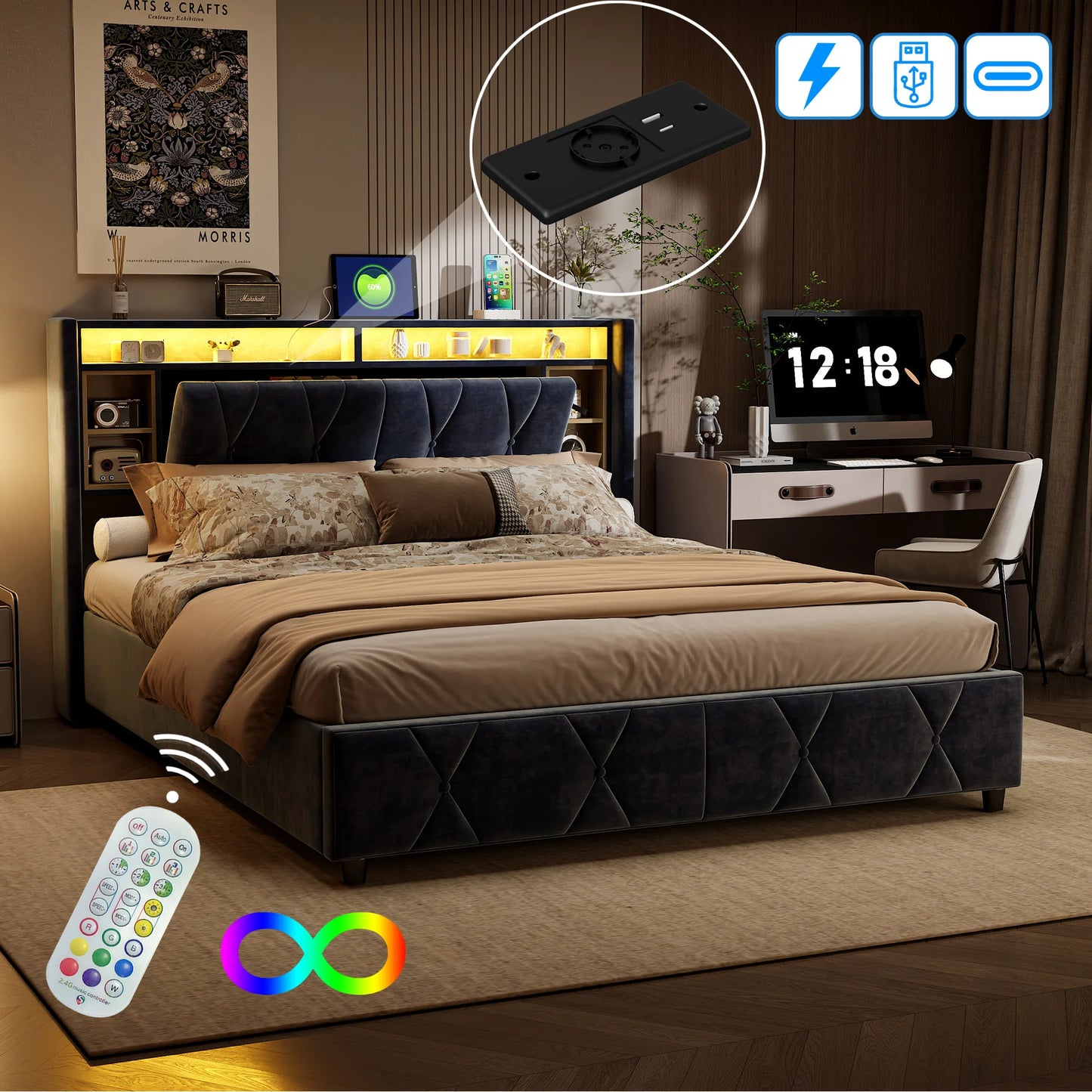 Rosahqnda double bed, with USB and LED, upholstered bed with storage space and headboard, bed frame with wood Pate grate, velvet, Gray