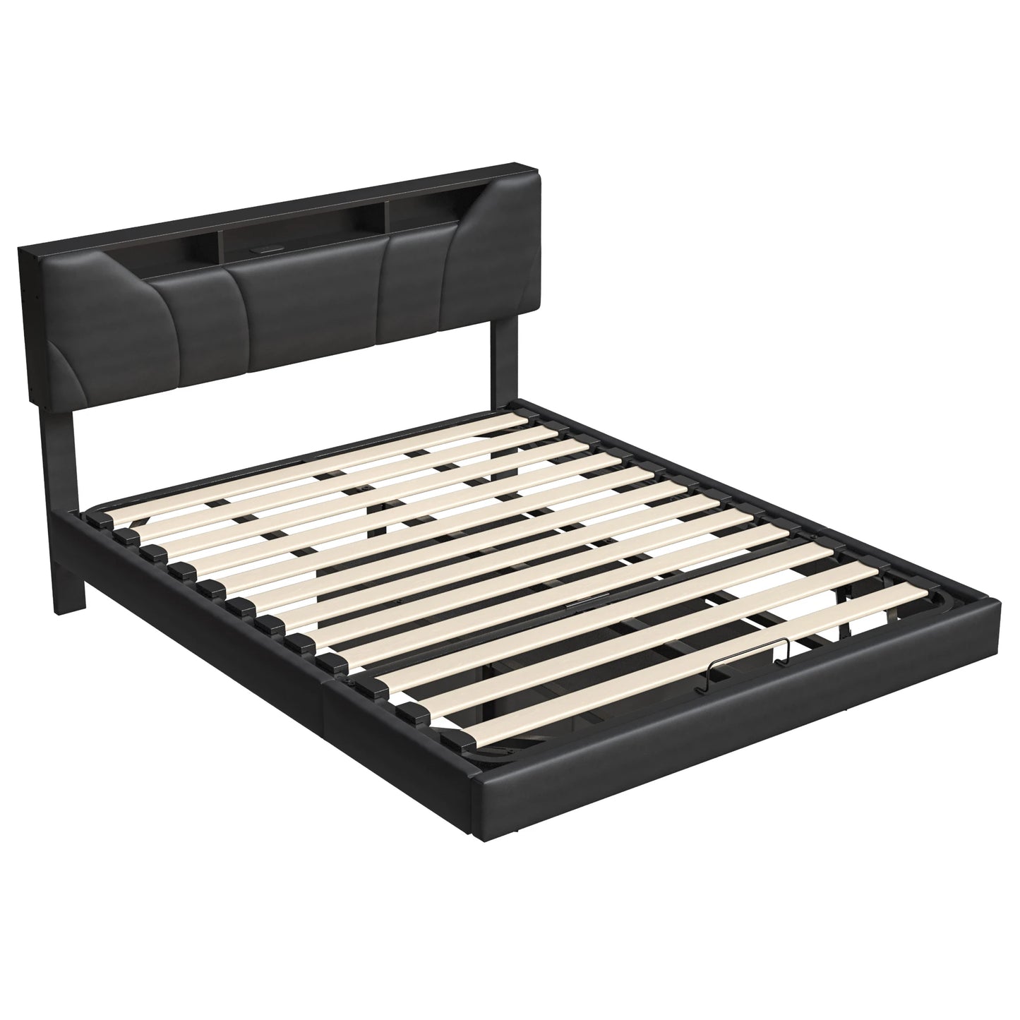Anajqaqia 160x200cm Upholstered Bed with LED Lighting, Pneumatic Storage Bed with Adjustable Headboard and USB, PU, Black