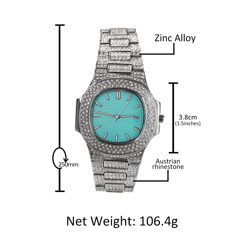 UWIN Iced Out Rhinestone Watches with Turquoise Dial Fashion Luxury Alloy Wristwatch Quartz Round Watch for Christmas Gift