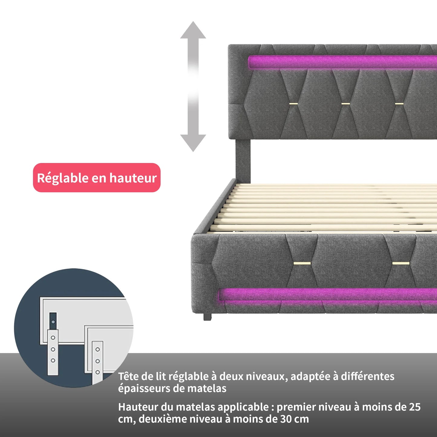 140 x 200CM Double Bed - Upholstered - with LED, with 4 Drawers, with Adjustable Headboard, with USB Port, Gray