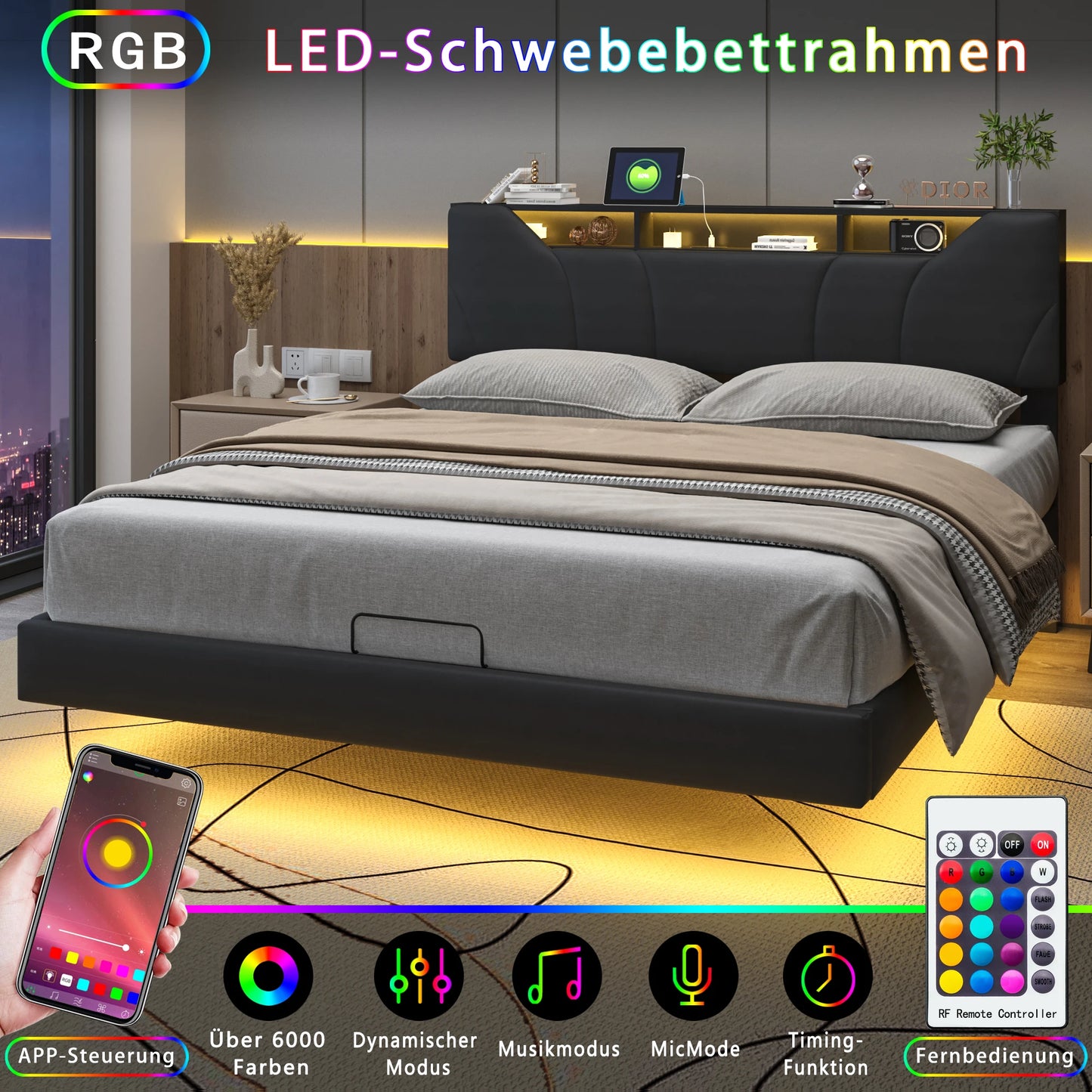 Anajqaqia 160x200cm Upholstered Bed with LED Lighting, Pneumatic Storage Bed with Adjustable Headboard and USB, PU, Black