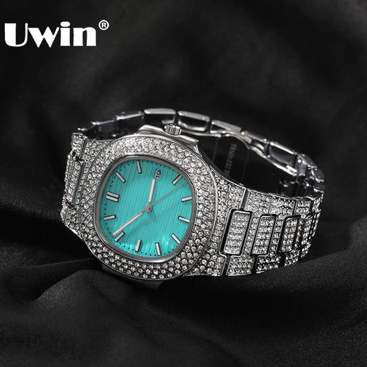 UWIN Iced Out Rhinestone Watches with Turquoise Dial Fashion Luxury Alloy Wristwatch Quartz Round Watch for Christmas Gift