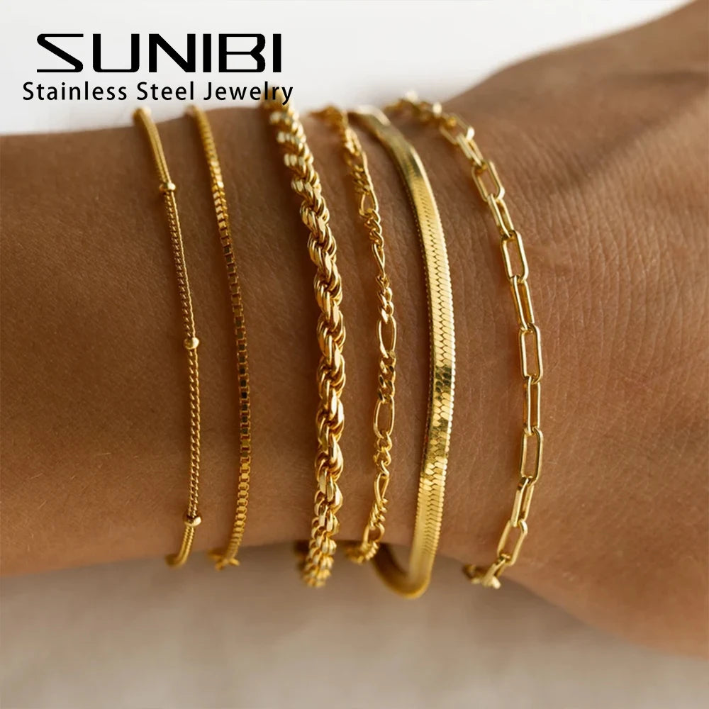 SUNIBI Classic Snake Chain Bracelets for Women Trend Gold Plated Stainless Steel Cuban Chain Bracelet Trendy Woman Gifts Jewelry - Uknowucme