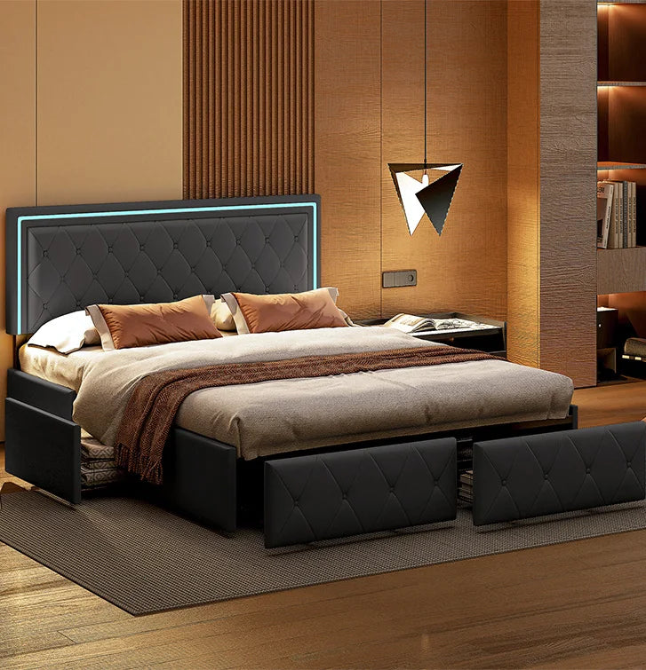 ROSAHQNDA Modern faux leather bed with drawers, LED PU double bed frame with storage space, 140/160 x 200 cm, without mattress
