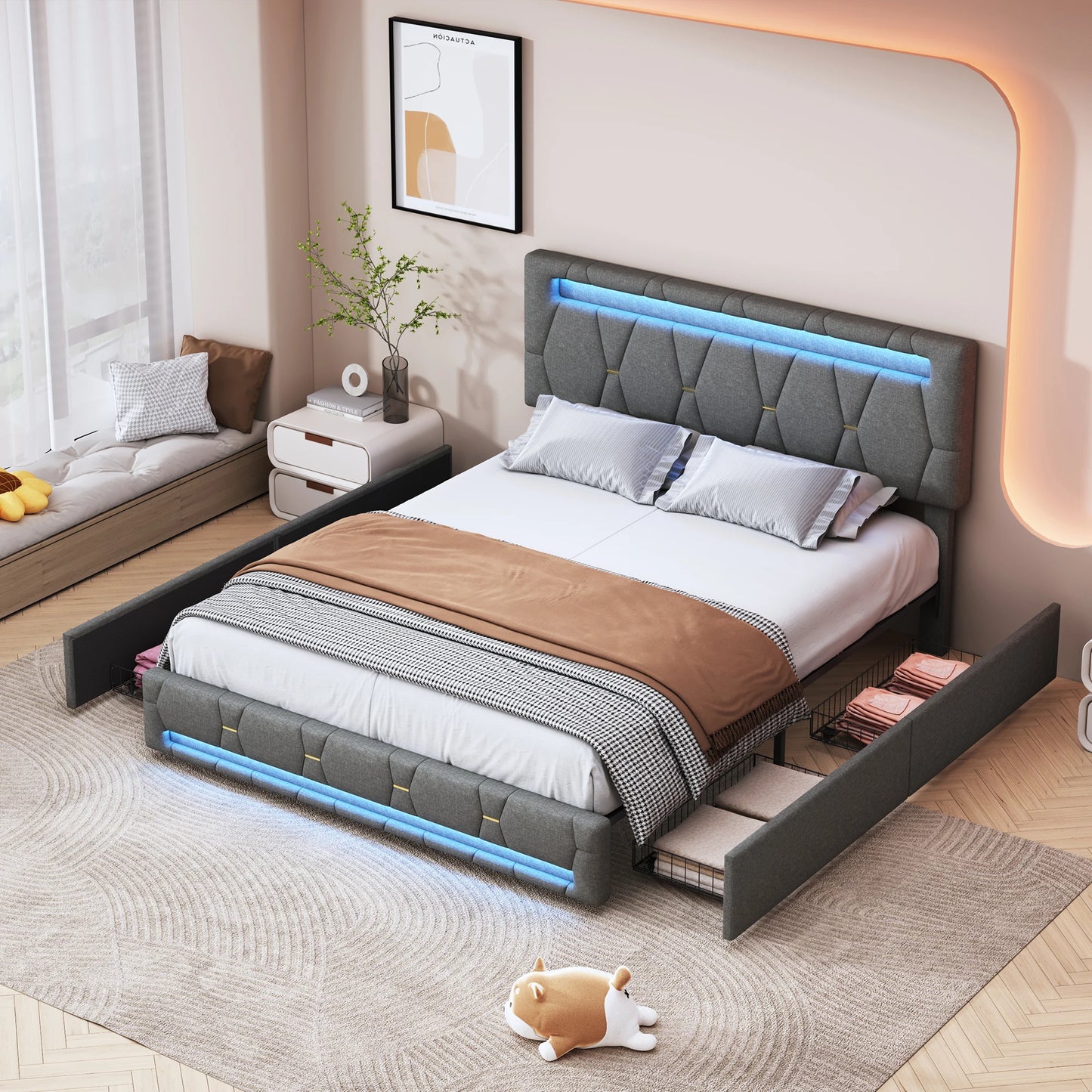 140 x 200CM Double Bed - Upholstered - with LED, with 4 Drawers, with Adjustable Headboard, with USB Port, Gray