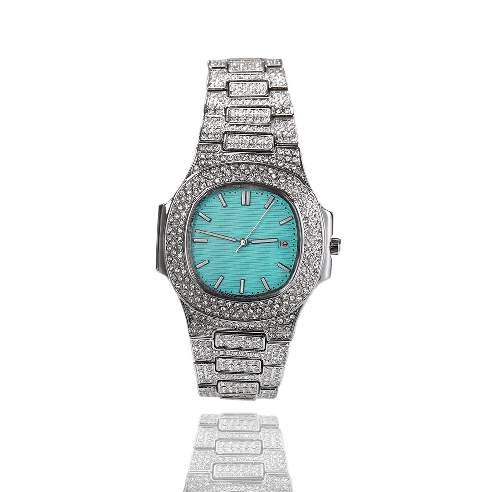 UWIN Iced Out Rhinestone Watches with Turquoise Dial Fashion Luxury Alloy Wristwatch Quartz Round Watch for Christmas Gift