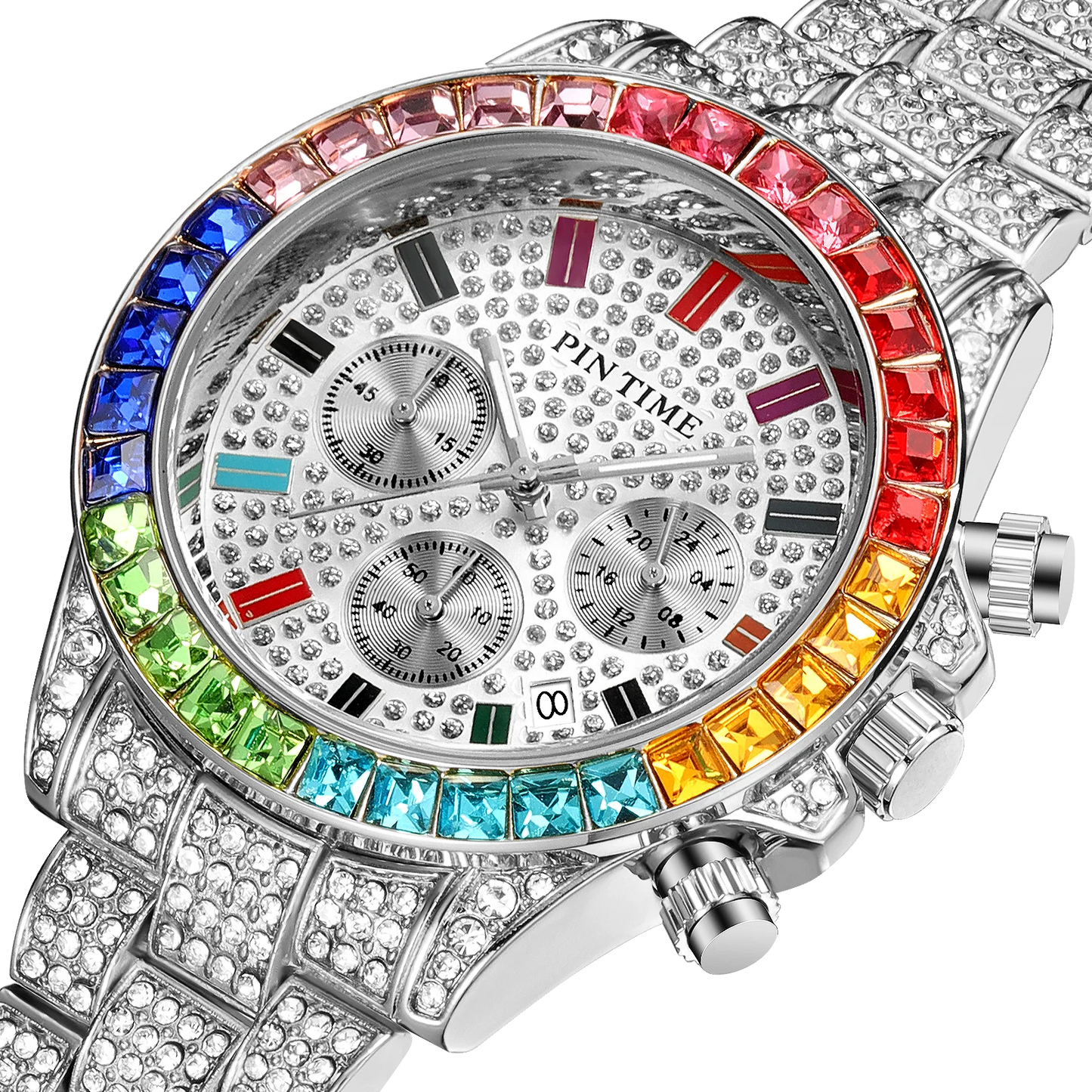 PINTIME Watches for Men Colour Diamond Ice Out Chronograph Bling Hip Hop Quartz Wristwatch Stainless Steel Buckle Waterproof 30M