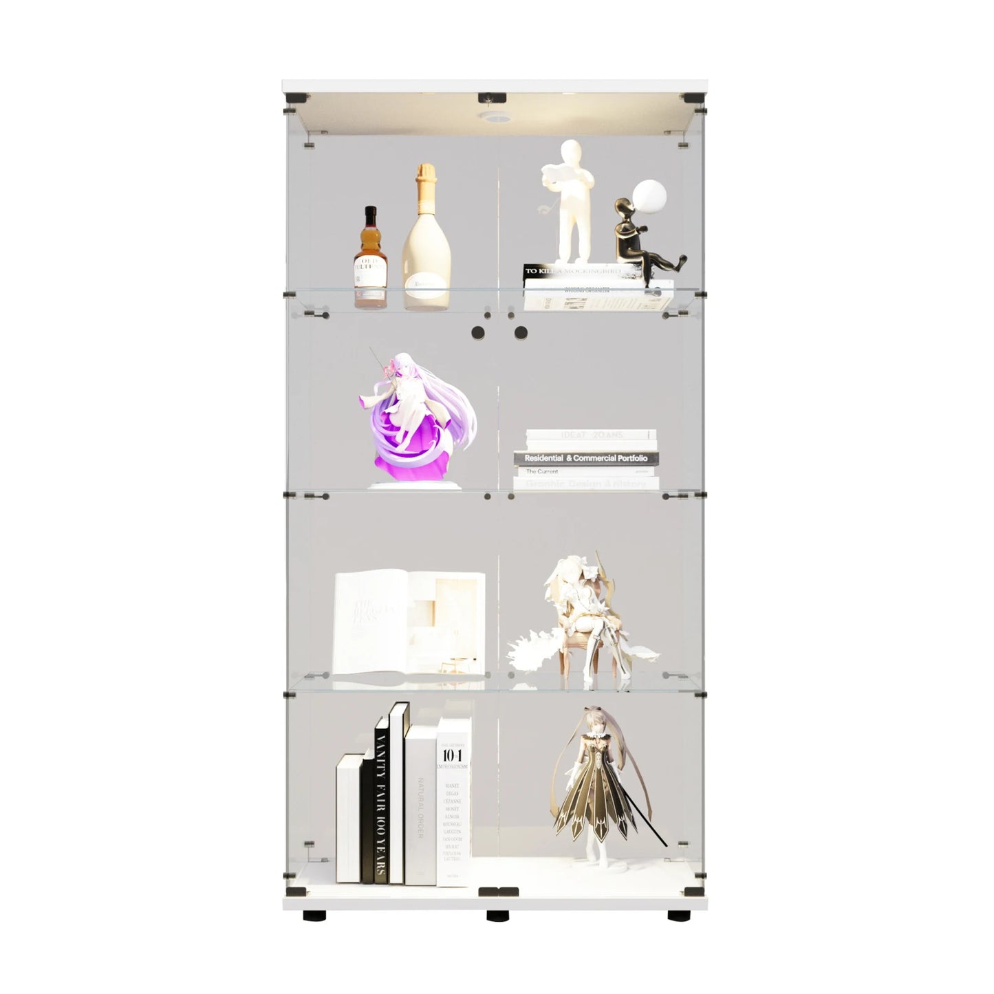 Comanlai 4-Tier Glass Display Case,2 Doors Glass Display Cabinet with Lighting and Lock,for Entryway, Living Room, Bedroom