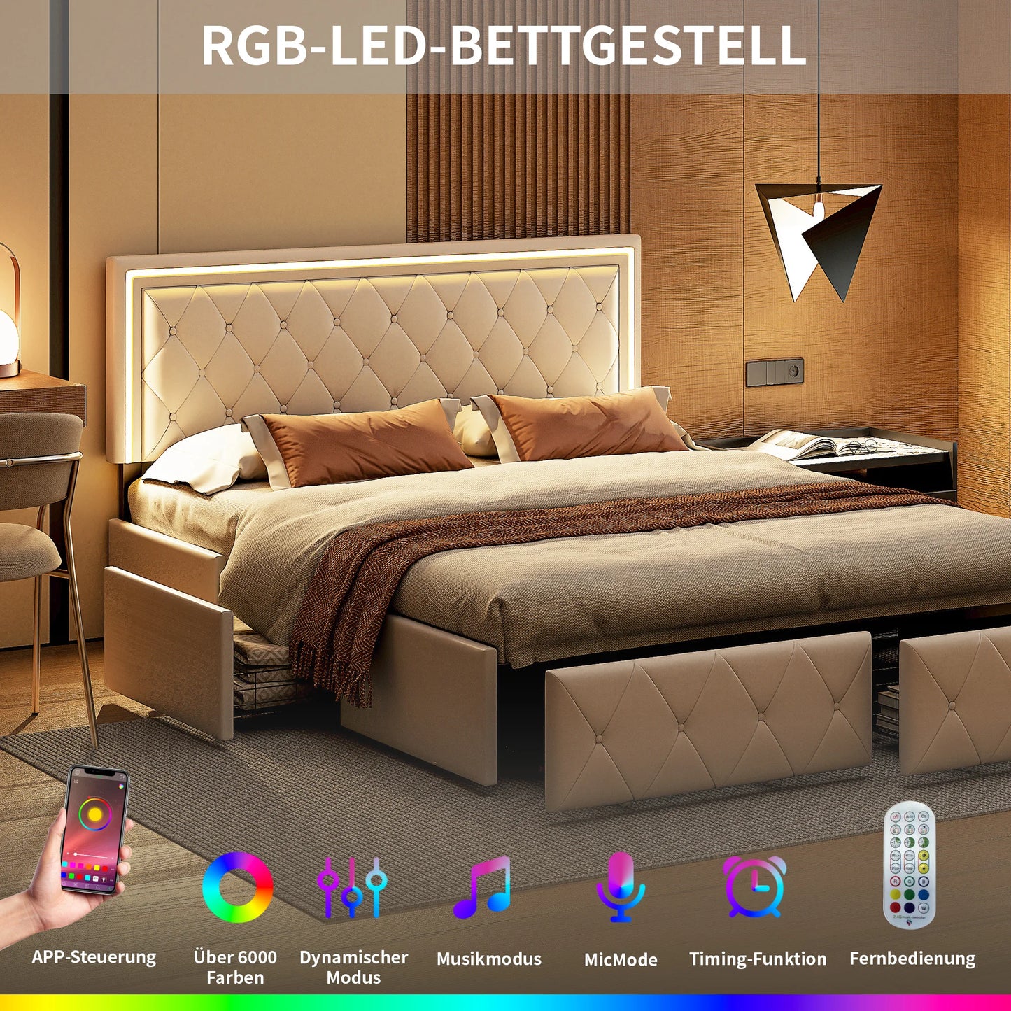 ROSAHQNDA Modern faux leather bed with drawers, LED PU double bed frame with storage space, 140/160 x 200 cm, without mattress