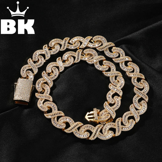 THE BLING KING 15mm Infinity Link Necklace For Men Iced Out Baguette CZ X Shaped Chain Solid Metal Choker Punk Hip Hop Jewelry