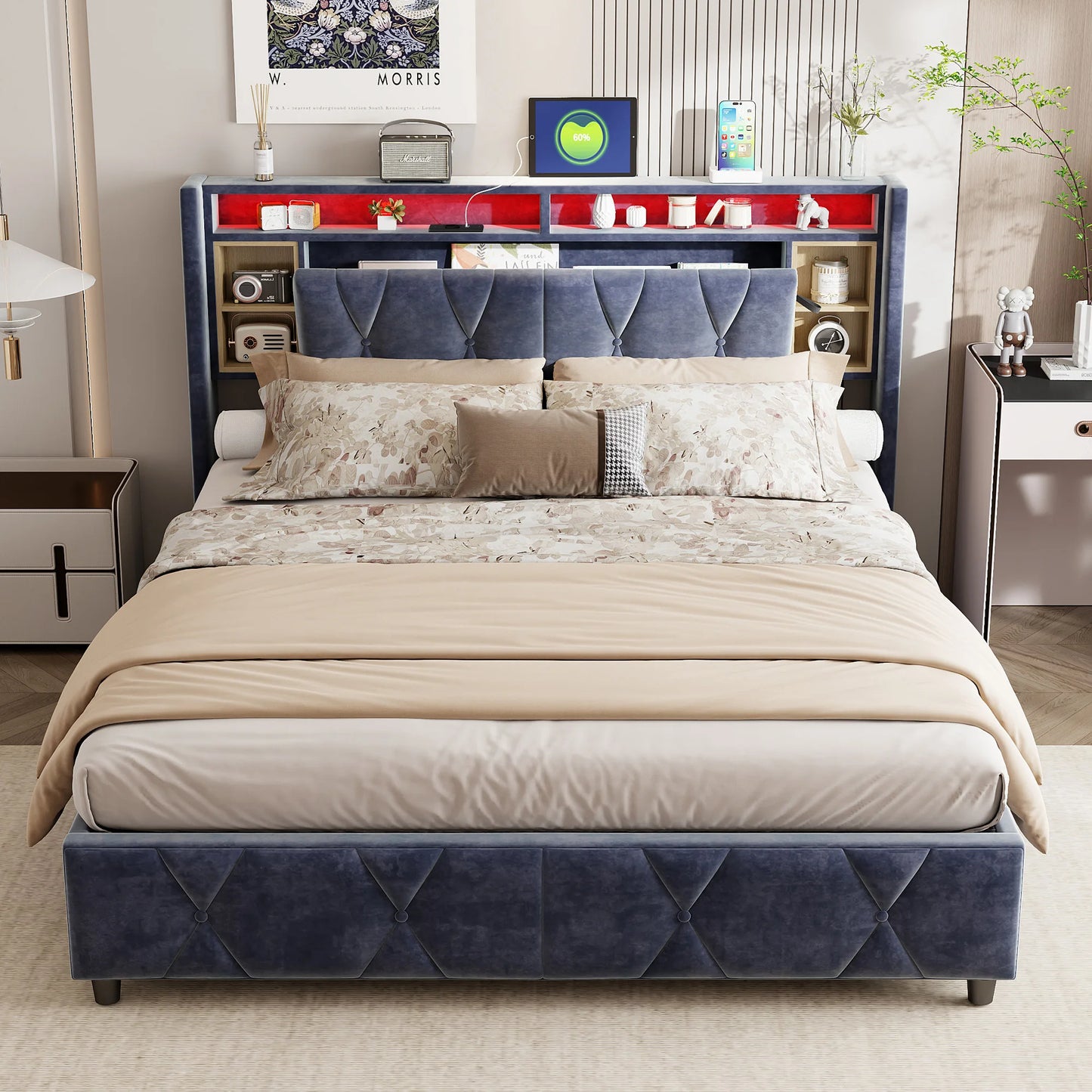 Rosahqnda double bed, with USB and LED, upholstered bed with storage space and headboard, bed frame with wood Pate grate, velvet, Gray