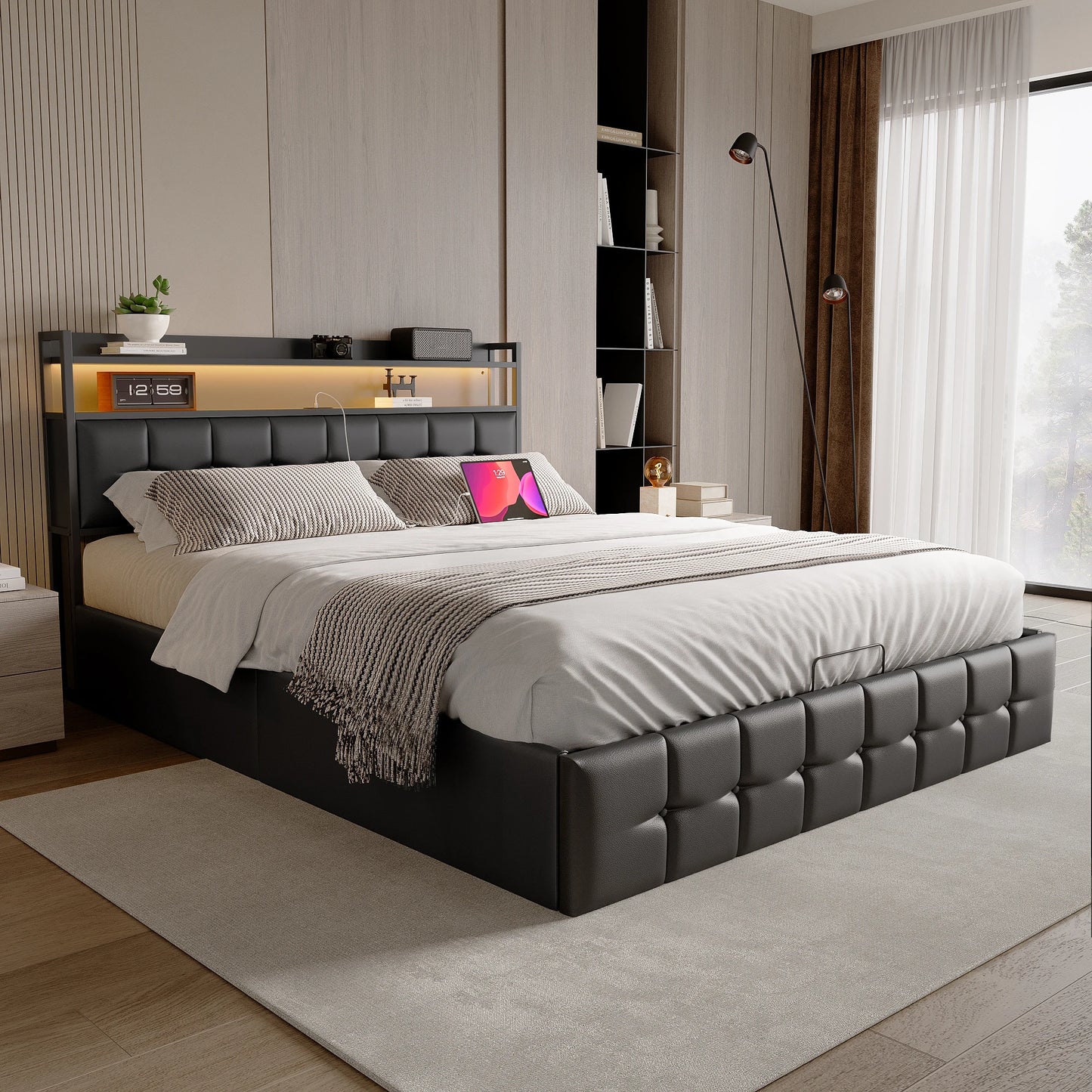 Rosahqnda cushion bed Padded Hydraulic bed frame Grey Linen Headboard Linen Fabric Without Mattress