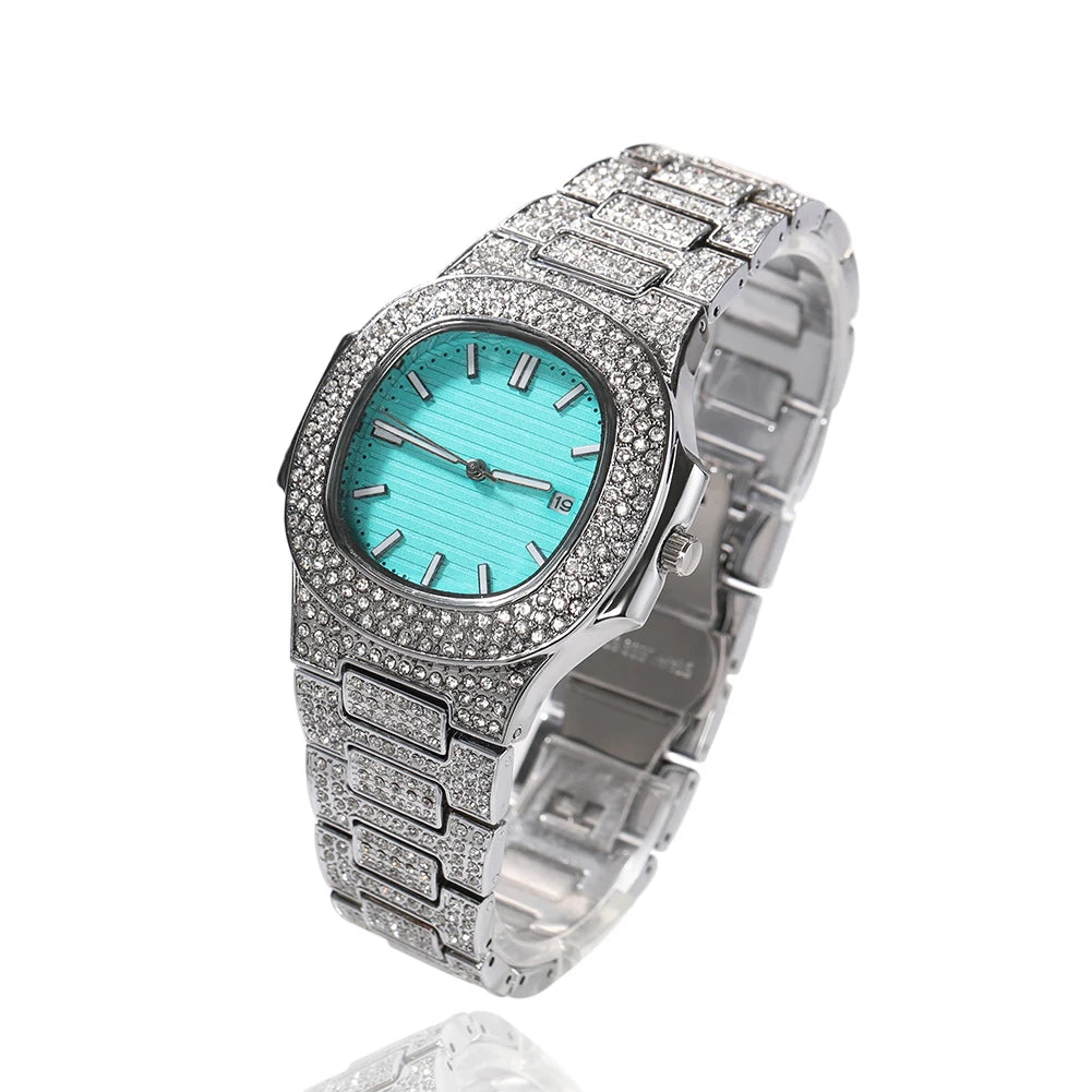 UWIN Iced Out Rhinestone Watches with Turquoise Dial Fashion Luxury Alloy Wristwatch Quartz Round Watch for Christmas Gift