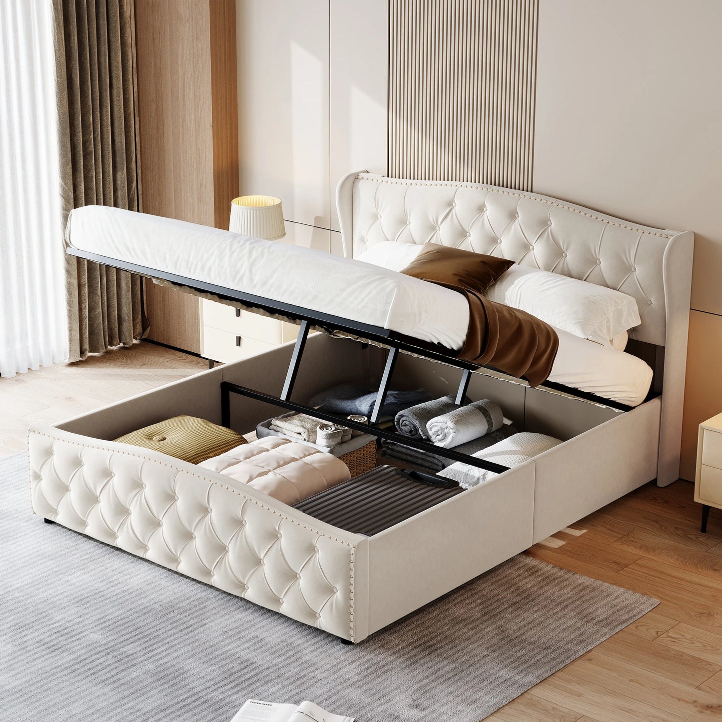 ROSAHQNDA Upholstered Bed, Hydraulic Bed In Modern Style, 140/160 X 200 Cm, Gray Flannel Rivet. Double Bed Without Mattress
