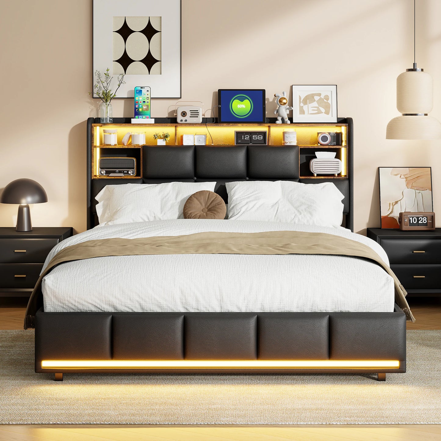 Rosahqnda Upholstered bed frame Adult bed Hydraulic Lift Storage bed LED Lighting Charging Port