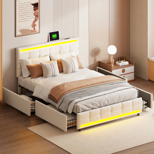 Anajqaqia 140x200cm Upholstered Double Bed with 4 Storage Drawers, Teenager Bed with LED Lighting and USB Charging, Linen, Beige