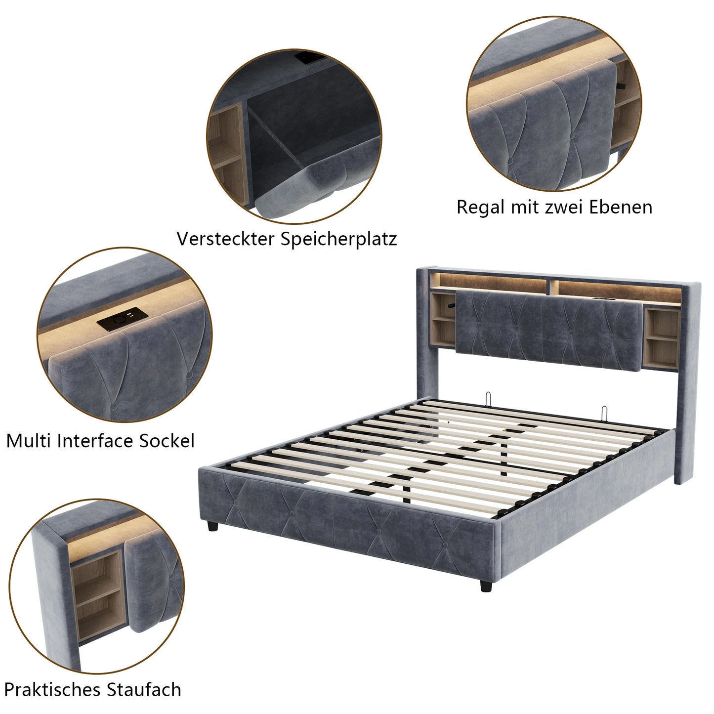Rosahqnda double bed, with USB and LED, upholstered bed with storage space and headboard, bed frame with wood Pate grate, velvet, Gray