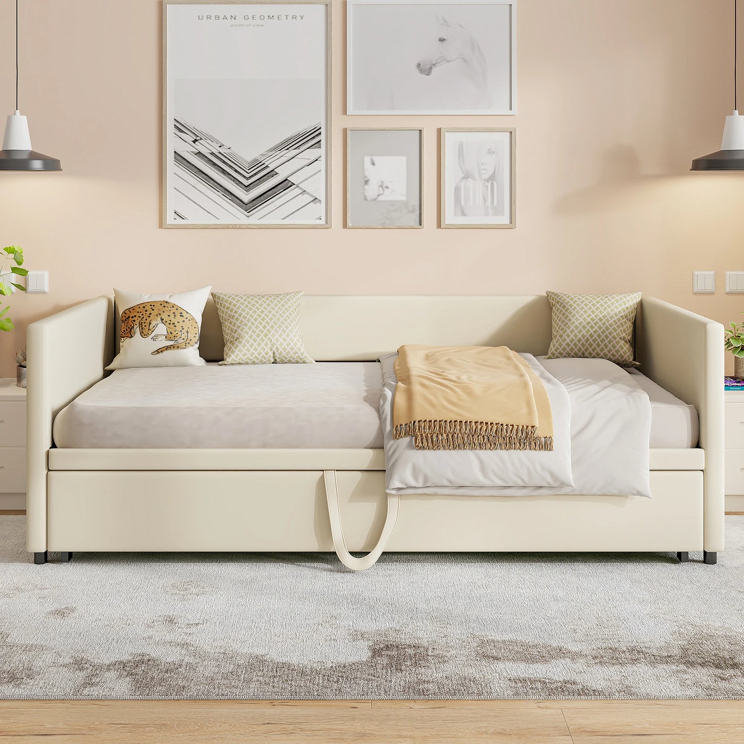 Anajqaqia 90/180x200cm Sofa Bed, Upholstered Double Bed with Slatted Frame and Backrest, Velvet, Beige