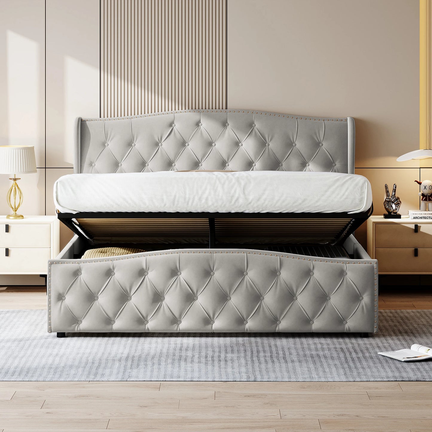 Upholstery bed 140x200 cm with Underbed chest of drawers, double bed with  and slatted frame, velvet, for adults and teenagers