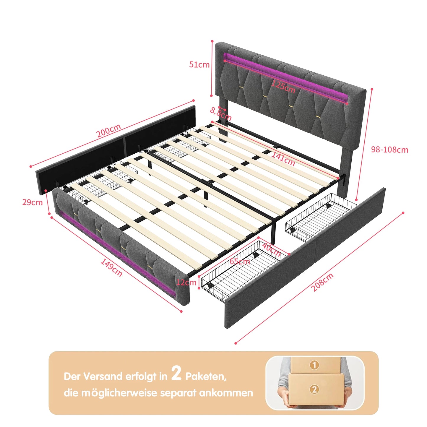140 x 200CM Double Bed - Upholstered - with LED, with 4 Drawers, with Adjustable Headboard, with USB Port, Gray