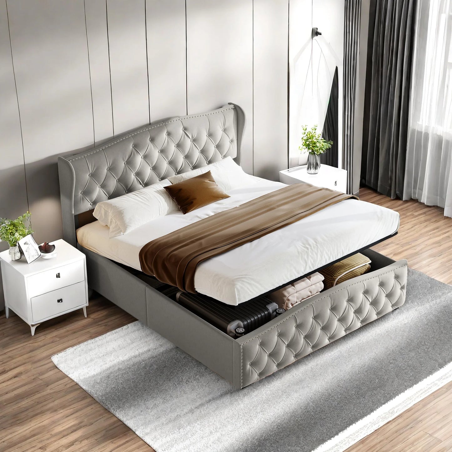 ROSAHQNDA Upholstered Bed, Hydraulic Bed In Modern Style, 140/160 X 200 Cm, Gray Flannel Rivet. Double Bed Without Mattress