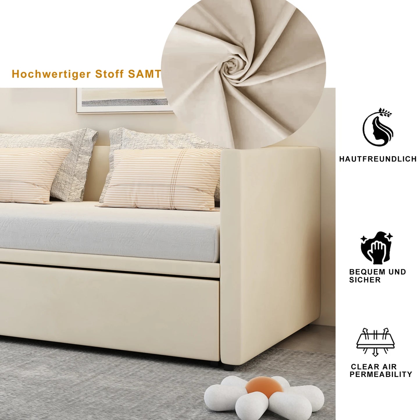 Anajqaqia 90/180x200cm Sofa Bed, Upholstered Double Bed with Slatted Frame and Backrest, Velvet, Beige