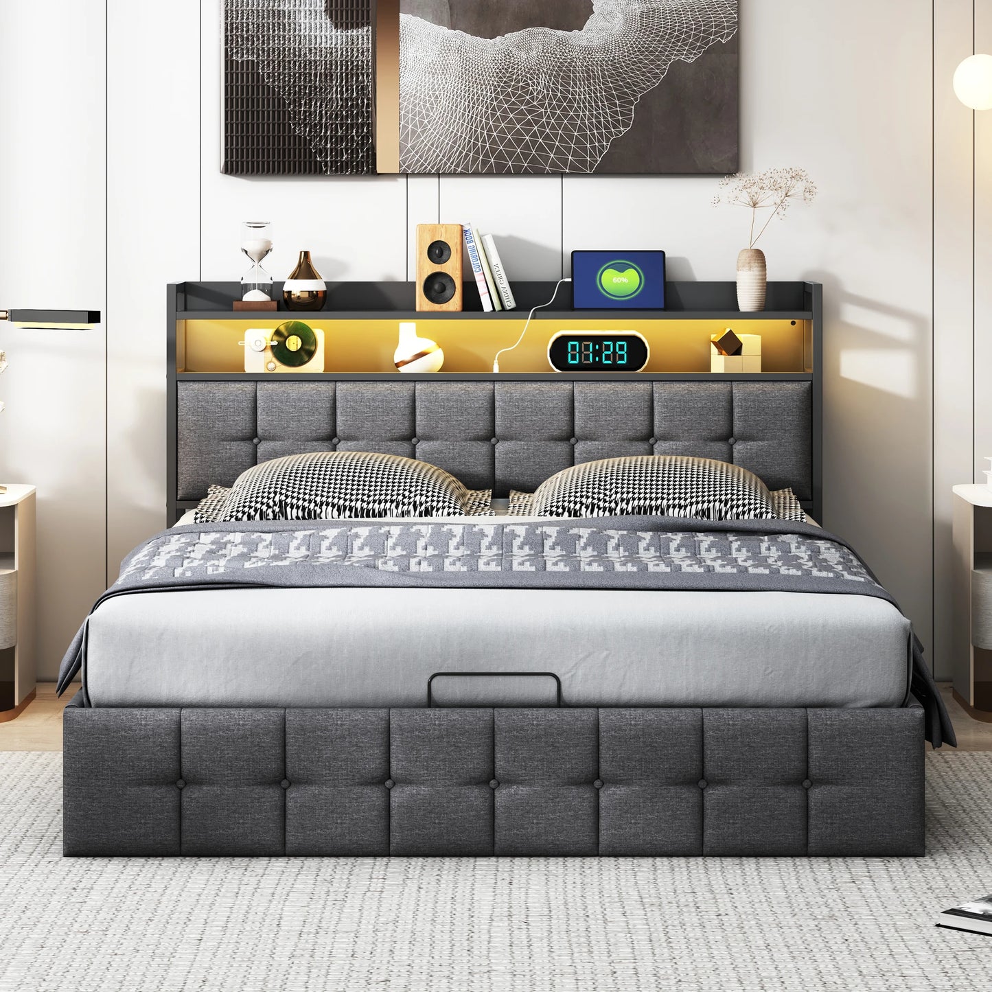 Rosahqnda cushion bed Padded Hydraulic bed frame Grey Linen Headboard Linen Fabric Without Mattress