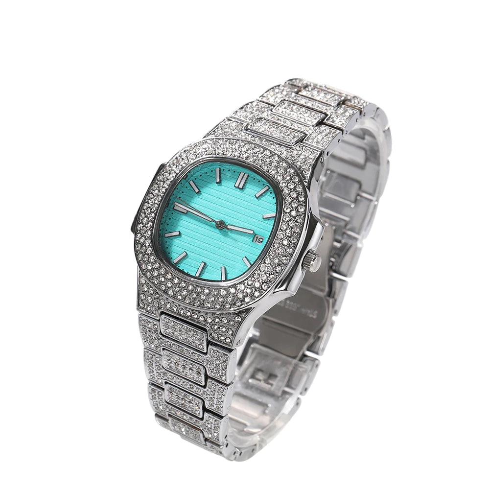 UWIN Iced Out Rhinestone Watches with Turquoise Dial Fashion Luxury Alloy Wristwatch Quartz Round Watch for Christmas Gift